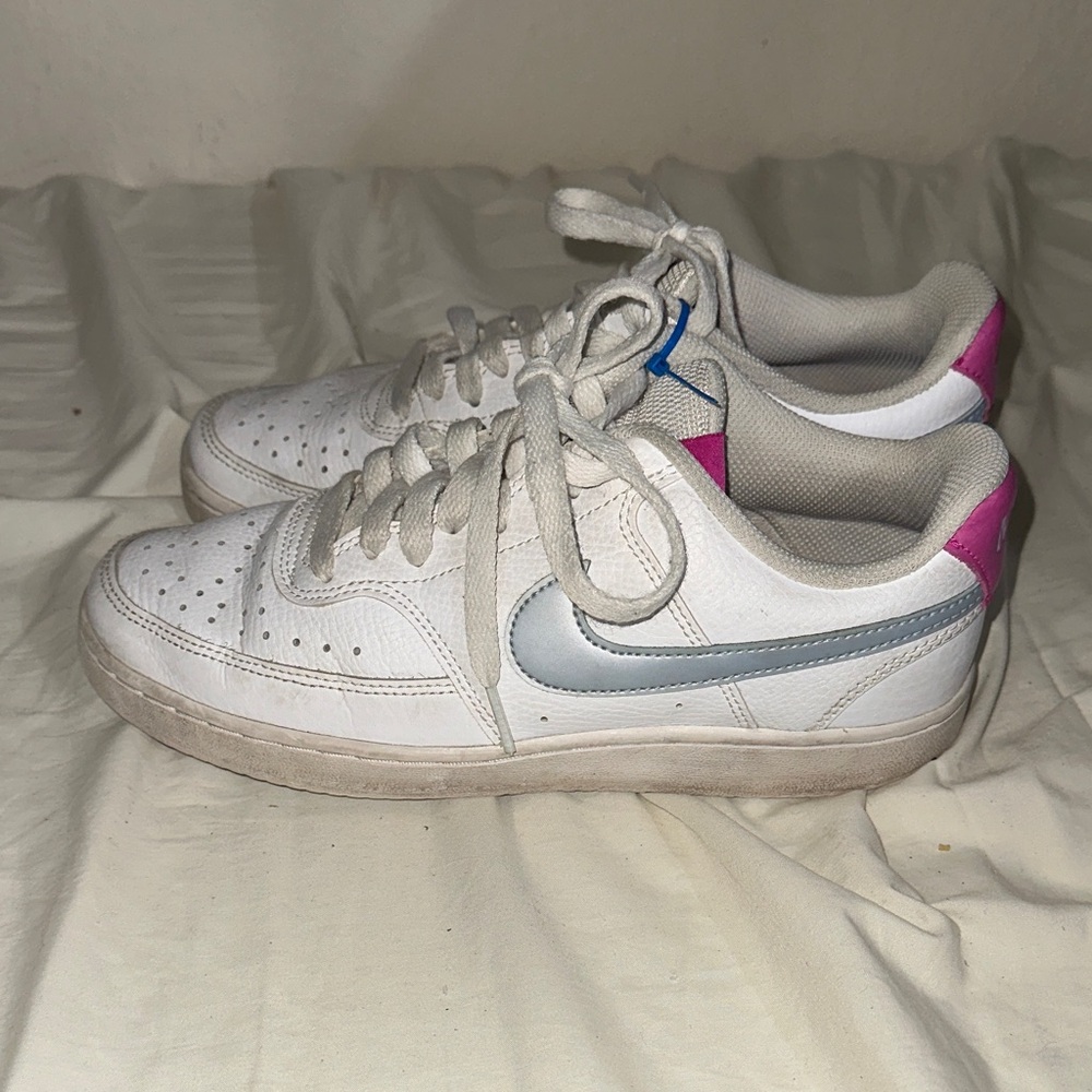 White court vision low with pink and blue/silver swoosh